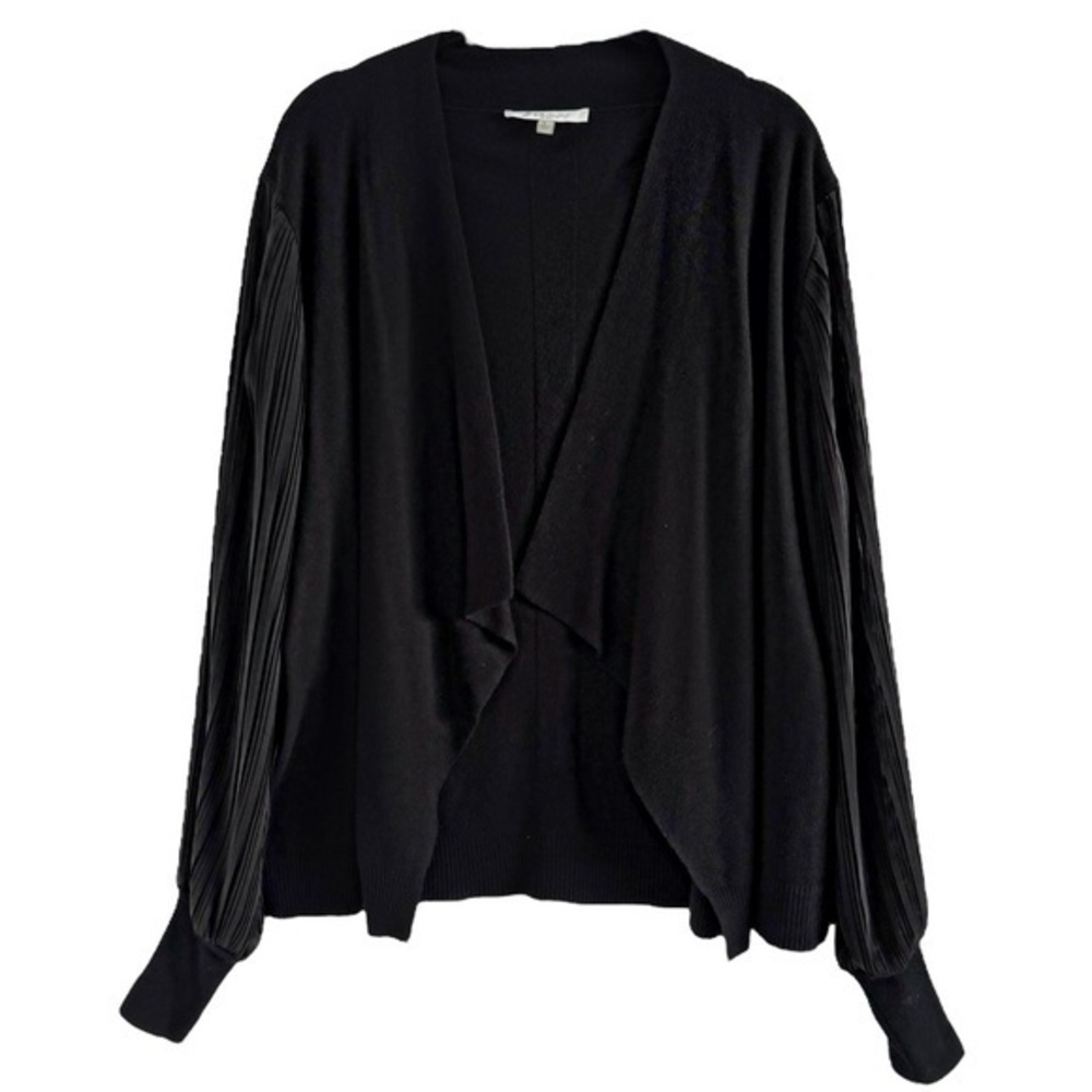 SIONI SHEER PLEATED SLEEVES TOPPER SWEATER OPEN FRONT CARDIGAN SZ L